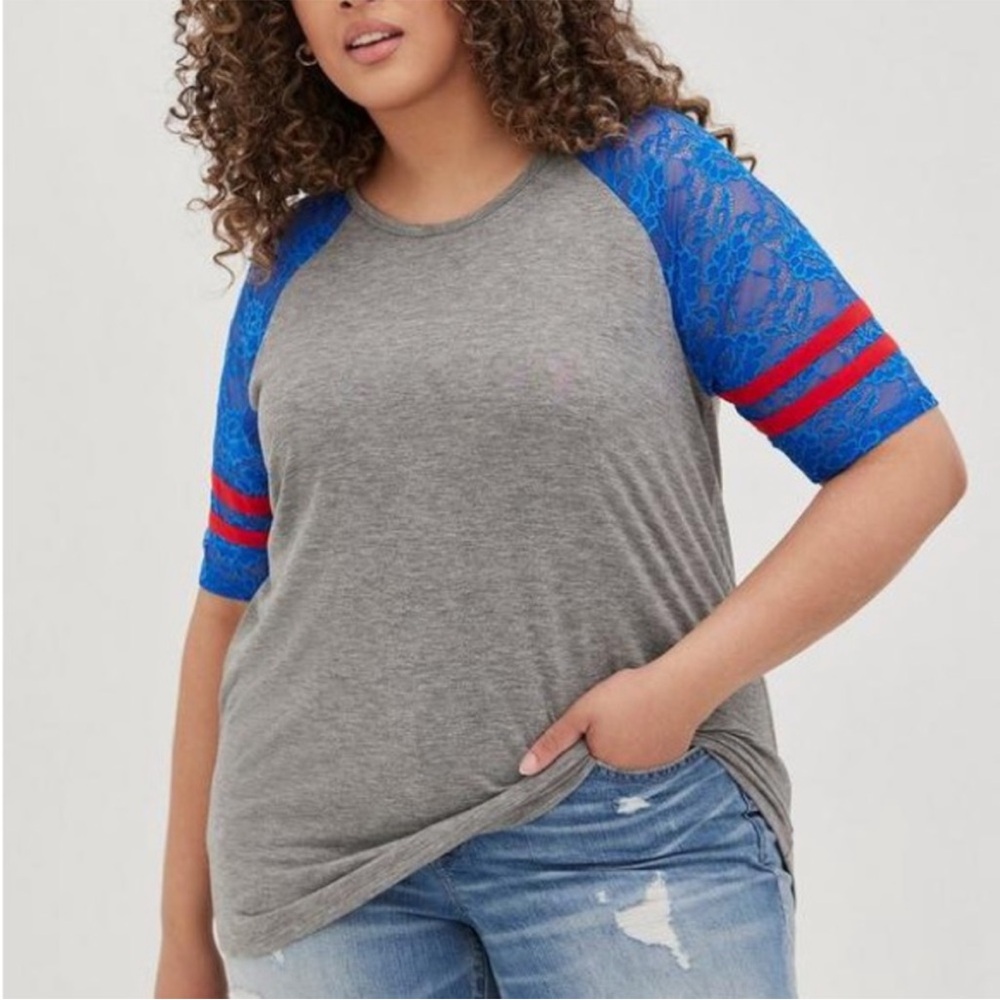 Torrid Classic Fit heritage Slub Crew Neck Lace Sleeve Raglan Tee Gray Blue 2X